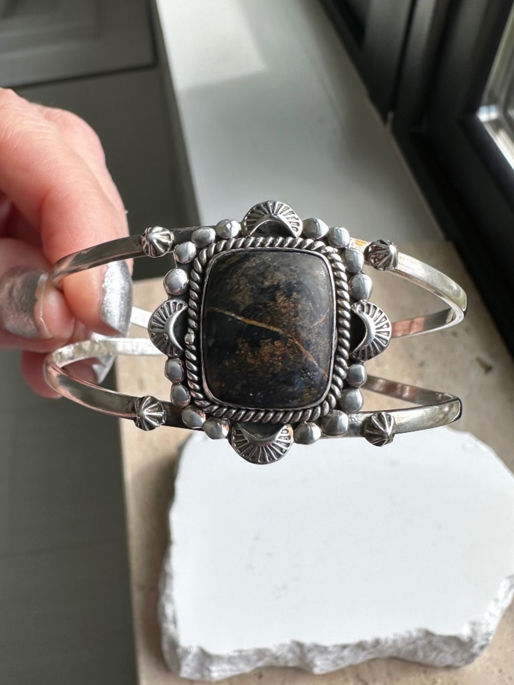 Nevada Blackjack Turquoise 925 Sterling Silver Stamped Cuff Bracelet 19g 6.5"